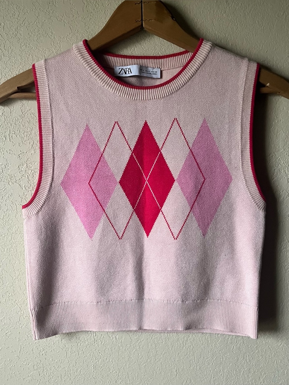 Zara Pink Argyle Knit Sweater Vest